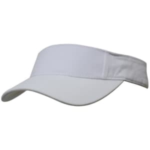 A white brushed heavy cotton visor featuring a curved peak and an adjustable band, with a logo present.