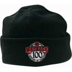 A black micro fleece beanie with a logo featuring the text "Wayback 100" on the front.