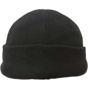 A black micro fleece beanie with a foldable cuff design, featuring a logo on the front.
