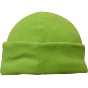 A bright green micro fleece beanie with a simple, fold-down brim. It has a logo on the side.