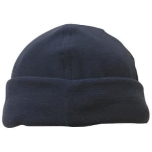 A navy micro fleece beanie with a rolled-up cuff and a branding logo.