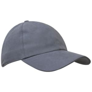 A grey cap with a curved brim, featuring a rounded crown and a logo on the side.