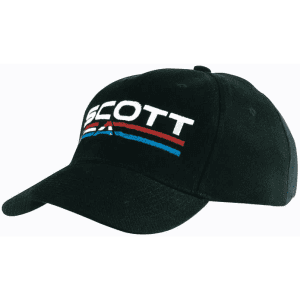 A black baseball cap featuring a logo with red and blue stripes. It has an adjustable strap at the back.