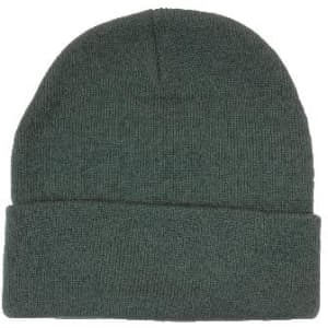 A green acrylic beanie with a folded brim and a textured finish. Features a logo on the side.