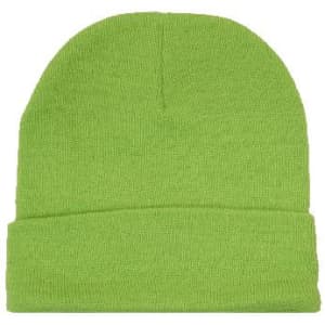 Acrylic beanie in bright green with a folded cuff, featuring a logo on the side.