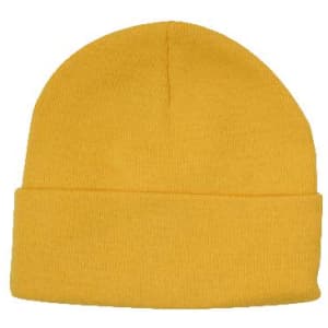 Acrylic beanie toque in bright yellow with a rolled cuff and soft texture. It features a logo on the side.