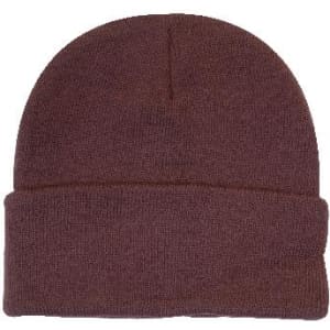 Acrylic beanie in a rich brown colour with a folded cuff, featuring a small logo.
