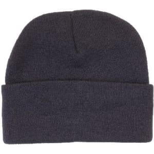 Acrylic beanie in dark grey, featuring a fold-up cuff and a simple design with a logo.