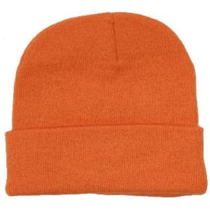 Acrylic beanie in bright orange with a rolled cuff. Features a logo on the side.