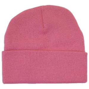 Acrylic beanie in a vibrant pink colour featuring a fold-up brim and a logo.