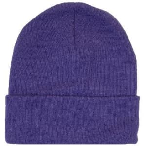 Acrylic beanie in a deep purple colour, featuring a rolled cuff. It has a simple design and a small logo.