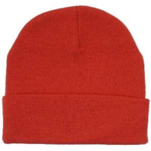 An orange acrylic beanie toque with a folded cuff. Simple design with a logo on the side.