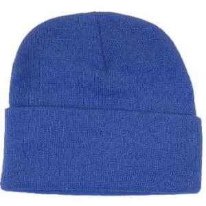 Acrylic beanie in vibrant blue, featuring a simple, classic design and a fold-over cuff.