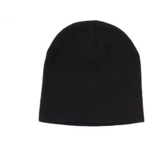 A black rolled down acrylic beanie with a smooth, minimalist design and a small logo on the side.