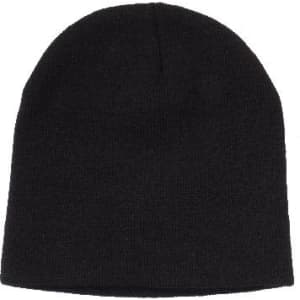 A black rolled down acrylic beanie with a soft texture and a simple, classic design.
