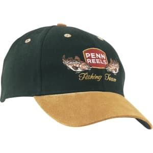A green brushed cotton cap with a suede peak, featuring embroidery and a logo on the front.