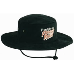 A black brushed heavy cotton hat with a wide brim and a chin strap, featuring a logo on the front.