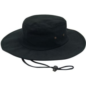 A black brushed heavy cotton hat with a wide brim and adjustable chin strap, featuring metal eyelets.