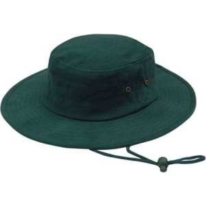 A dark green brushed heavy cotton hat with a wide brim and adjustable drawstring. It features eyelets for ventilation.