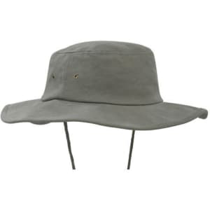A brushed heavy cotton hat in grey with a wide brim and adjustable chin strap, featuring metal eyelets for ventilation.