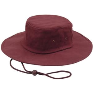 A brushed heavy cotton hat in a deep burgundy colour with a wide brim and adjustable drawstring.