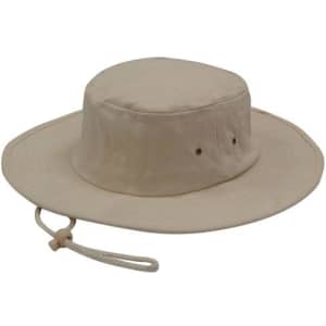 A beige brushed heavy cotton hat with a wide brim and an adjustable chin strap. It features ventilation holes.