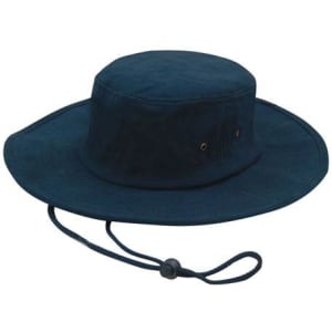 A navy blue brushed heavy cotton hat with a wide brim and an adjustable chin strap.