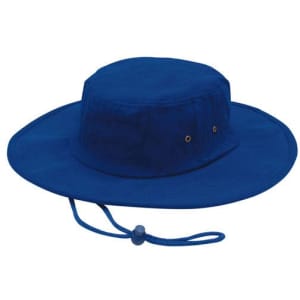 A blue brushed heavy cotton hat with a wide brim and an adjustable string. It features eyelet vents.