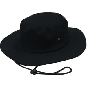 A black brushed heavy sports twill hat with a chin strap and eyelets for ventilation.