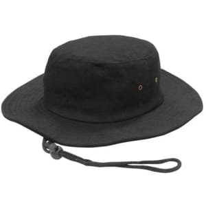 A black brushed heavy sports twill hat with a wide brim and an adjustable chin strap. Features a logo.