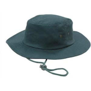 A brushed heavy sports twill hat in green with a removable chin strap and metal eyelets.