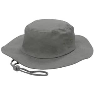 A grey brushed heavy sports twill hat featuring a wide brim and an adjustable strap. It has ventilation holes and a logo.