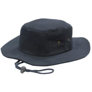 A brushed heavy sports twill hat in navy blue with a wide brim and adjustable strap. It features metal eyelets.