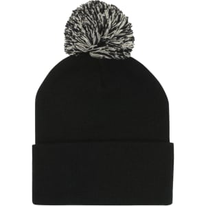 Acrylic beanie in black with a black and white pom pom on top, featuring a fold-over cuff.