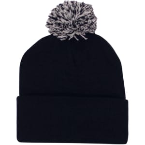 Acrylic beanie in black with a textured grey pom pom on top. The beanie features a fold-over cuff.