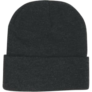 A dark grey acrylic beanie with a folded cuff and a smooth texture. It includes a logo.