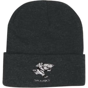A dark grey beanie featuring a logo and a folded cuff.