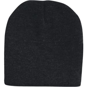 A black rolled down acrylic beanie with a simple design and no visible branding.