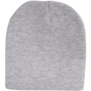 A rolled down acrylic beanie in a light grey colour with a smooth texture. It features a logo.