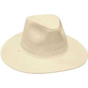 A beige cotton twill hat with a wide brim and a structured crown, featuring a logo on the side.