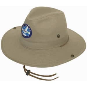 A light beige cotton twill bucket hat with a logo, featuring ventilation eyelets and a chin strap.