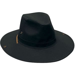 A black cotton twill hat with a wide brim, featuring a band and a logo.