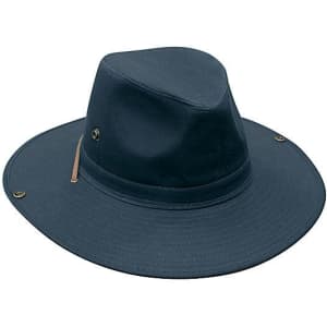A dark blue cotton twill hat with a wide brim and a decorative band, featuring a logo and metal accents.