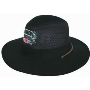 A black cotton twill and mesh hat featuring a branded logo on the front.