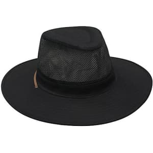 A black cotton twill and mesh hat with a wide brim, featuring a decorative band and a logo.