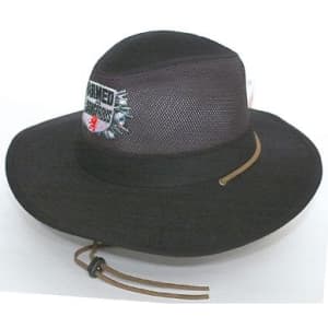 A black safari hat featuring a mesh design and a logo on the front. It includes a brown adjustable strap.