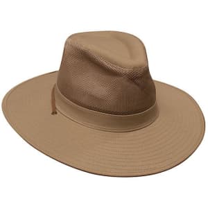 A beige cotton twill and mesh hat with a wide brim and a breathable design, featuring a logo.