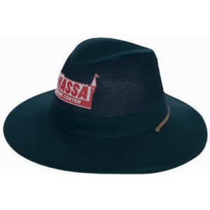 A dark green collapsible cotton twill and soft mesh hat with a logo on the front.