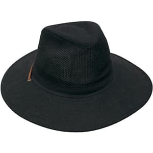 A black collapsible cotton twill and soft mesh hat featuring a wide brim and a decorative band.