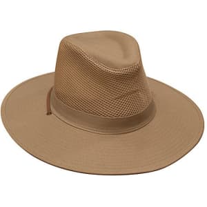 A collapsible cotton twill and soft mesh hat in tan, featuring a wide brim and a mesh top for ventilation.
